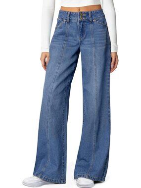 Women's Blue High Waisted Stretchy Jeans Seamed Front Double Buttons Wide Leg